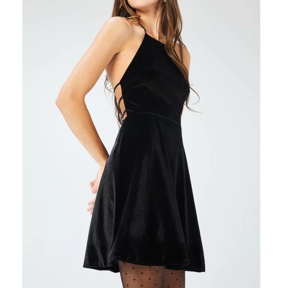 NWT HVN Black Velvet Mini Reece Embellished Bows Strappy Back Dress